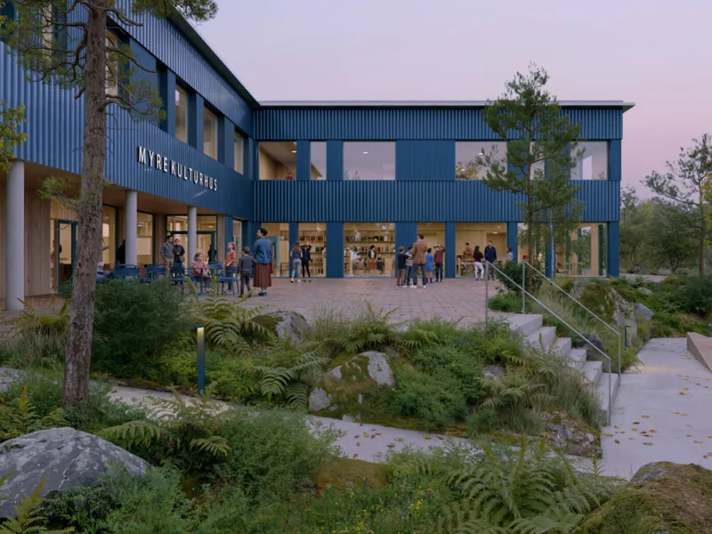 Det nye kultur- og skolekvartalet i Myre. Illustrasjon: Holar Ola Roald AS/Kvant-1.