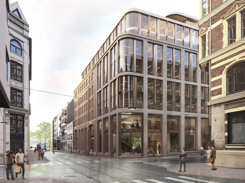 Akersgata 13-15 og Tollbugata 32 ombygges og utformes med respekt for Kvadraturens historiske arkitektur, og et innholdsrikt bygulv bidrar til revitaliseringen av Kvadraturen. Illustrasjon: Lund+Slaatto Arkitekter.
