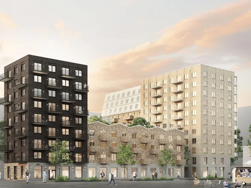 Variert og levende ut mot torget på et av Uppsala-bydelen Rosendals mest sentrale beliggenheter. Visjonsbilde: Kjellander Sjöberg.