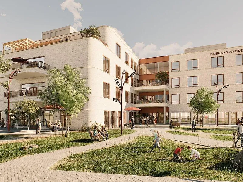 En tegning som viser hovedinngangen til det nye bygget