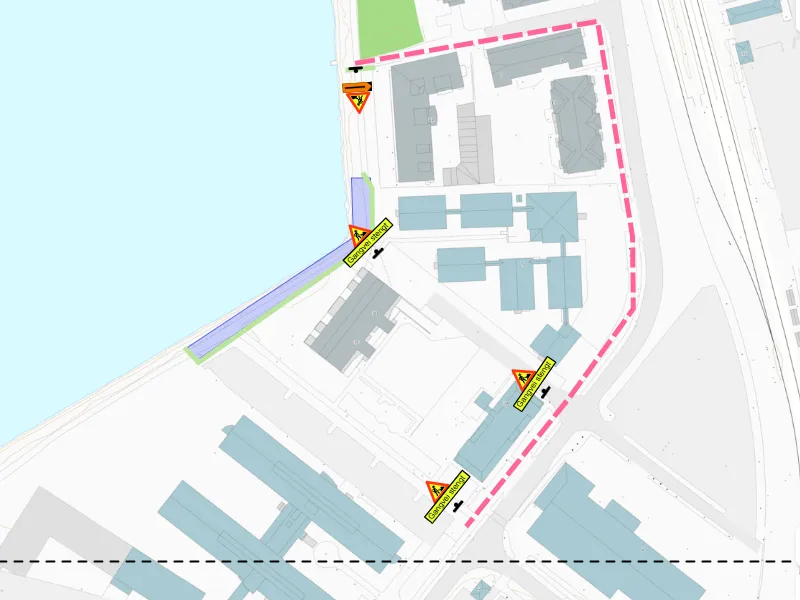 Kart som viser en gangsti langs vann, der et område som skal stenges er markert med lilla.  - Klikk for stort bilde