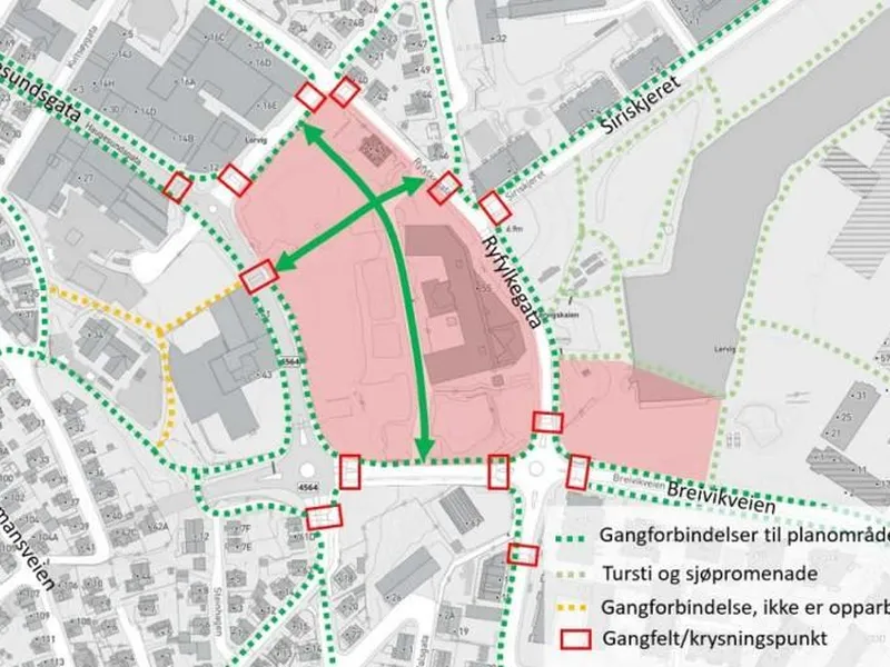 Kart som viser gangveier rundt og krysningspunkt for gående i gatene rundt kvartalet.