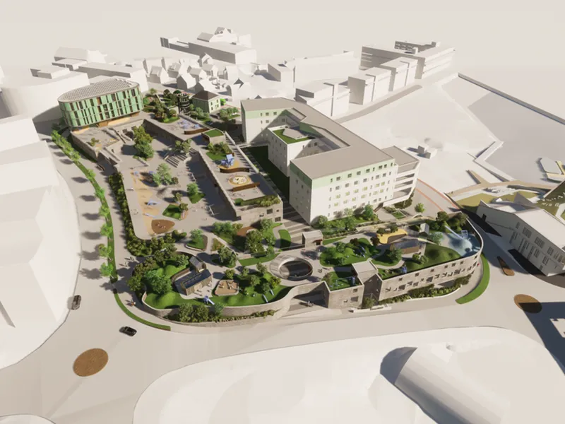Skissetegning som viser hvordan Lervigskvartalet vil bli. Bildekreditering: Studio hoh og Bark arkitekter.