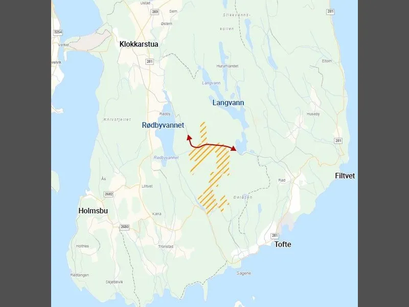 Oversiktskart av fokusområdet for et desentralisert produksjonsanlegg.