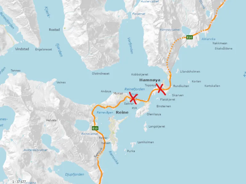 Kart som viser plasseringen av to bruer på E10 ved Reine i Lofoten.