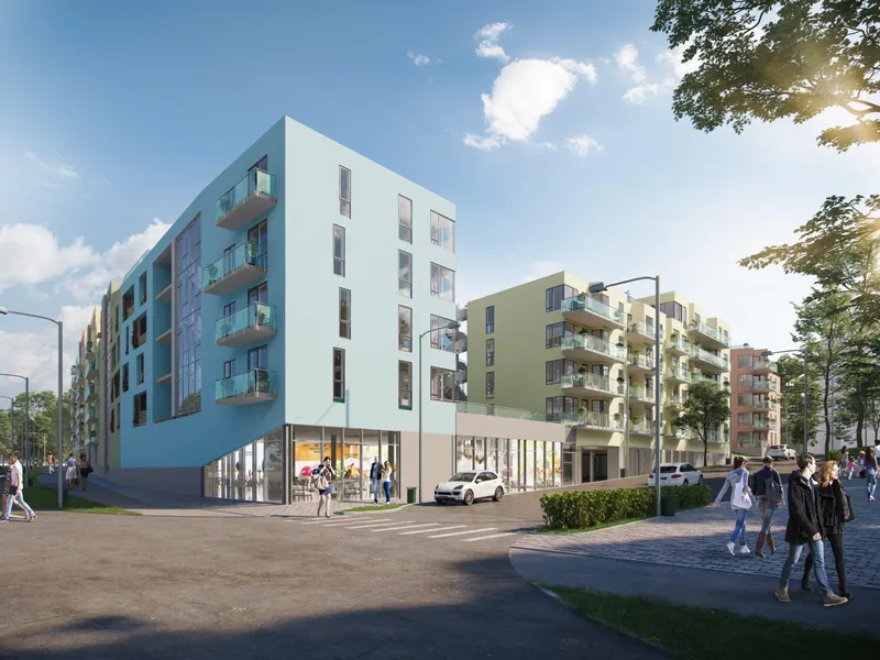 Illustrasjon av boligblokk i fem etasjer sett fra gateplan