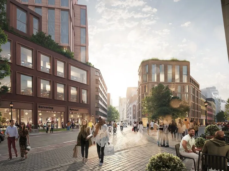 Nytt møter gammelt Prosjektet sett fra Brugata: Et allment tilgjengelig byhus t.v og opprinnelig fasade tilbakeført på Lilletorget 1. (Illustrasjon: Henning Larsen/ Vivid visuals)