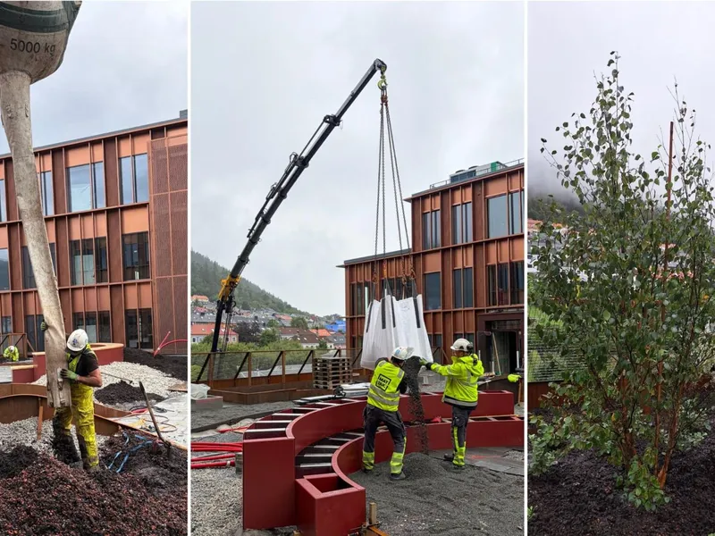 Bilder fra venstre viser tilføring av jord, pukk som heises på taket med kran og planting av planter i jorda. Foto: Mattak AS.