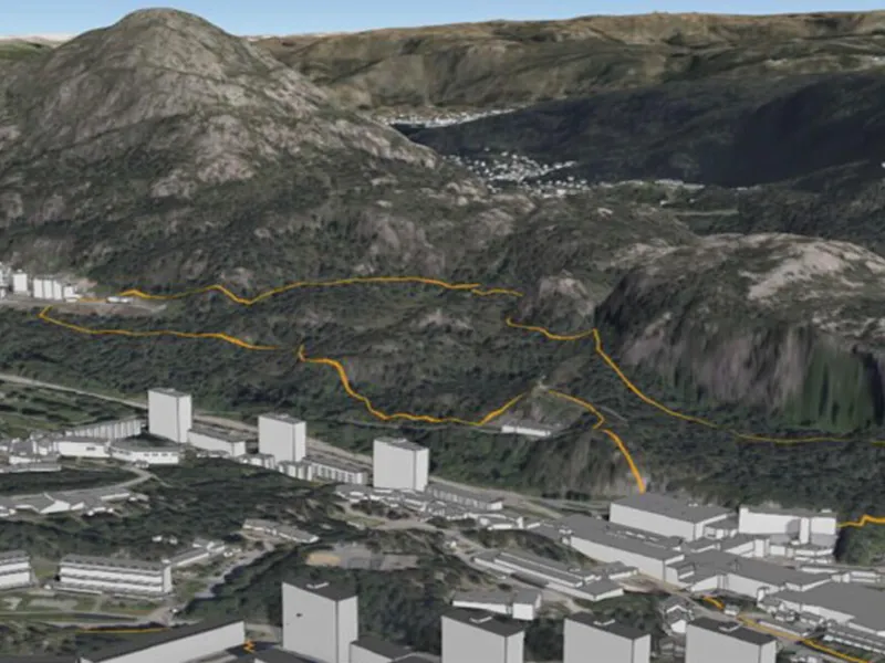 Det foreslåtte planområdet ligger i en fjellskråning som heller mot vest og Lyderhornveien. Illustrasjon: Bergen kommune.