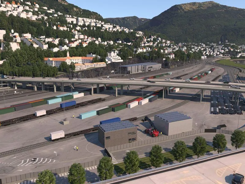 Nygårdstangen godsterminal i Bergen skal bygges om for å bli mer effektiv. Illustrasjon: Bane NOR/COWI AS