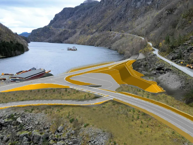Nå er det bestemt hvem som skal gjennomføre skredsikring og tunnelbygging på riksveg 13 mellom Lovraeidet og Rødsliane i Suldal kommune. Illustrasjon: Multiconsult.