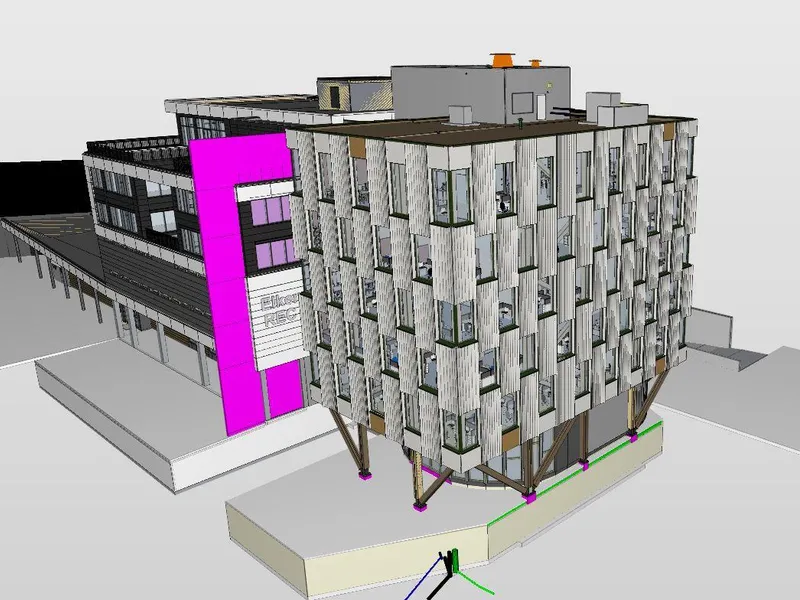 3D-modell av Lumber Teknologipark i Kristiansand, et kontorbygg i massivtre med trefasade, visualisert av Rivco, et datterselskap av Asplan Viak.