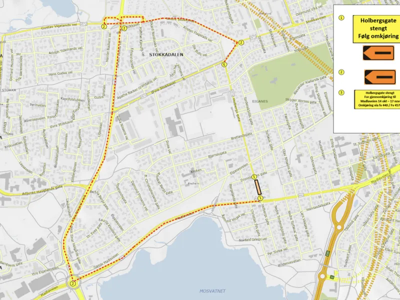 Kart over omkjøring til Holbergsgate fra Madlaveien.
