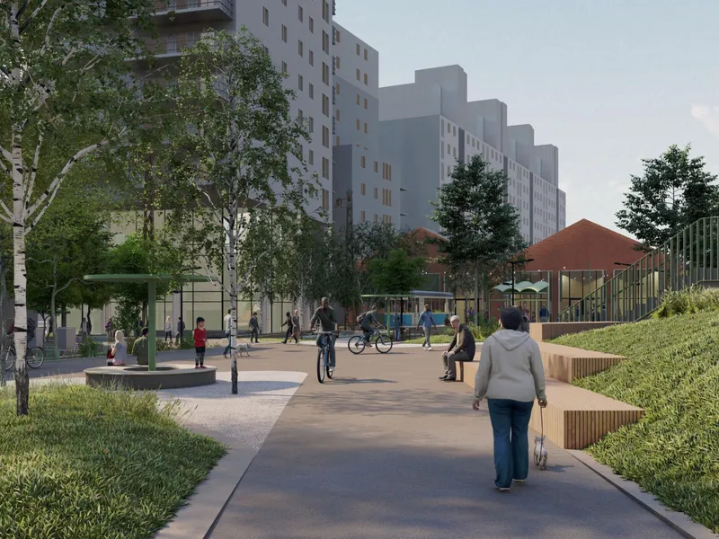 Slik kan det bli i området rundt Majorstuen T-banestasjon.. Illustrasjon: PIR2 Oslo