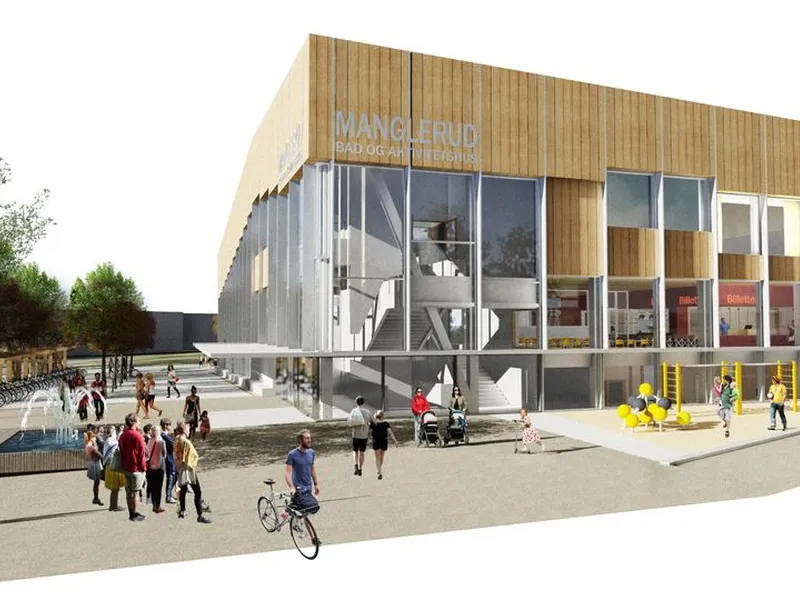 – Samlokaliseringen av et nytt folkebad, Oslo kulturskole og Manglerud ungdomshus vil gi et attraktivt og bredt tilbud til hele bydelen og til folk i alle aldre, sier oppdragsleder i Asplan Viak Halvard Heskestad Waage. Illustrasjon: Asplan Viak