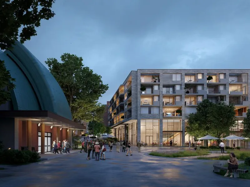 Marienlyst Torg: Utsikt fra plassen foran Store Studio, med forbindelse opp mot Halvor Blinderns grav og universitetet. (Illustrasjon: LPO Arkitekter/KIMA Arkitektur)
