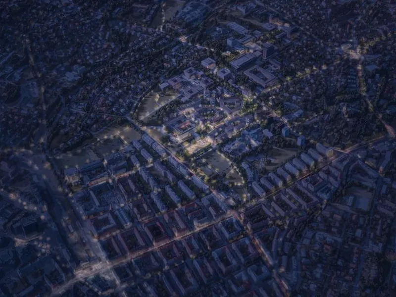 Kveldsfoto sett fra sørøst. De nyetablerte forbindelsene lyses opp.(Illustrasjon: LPO Arkitekter/KIMA Arkitektur)