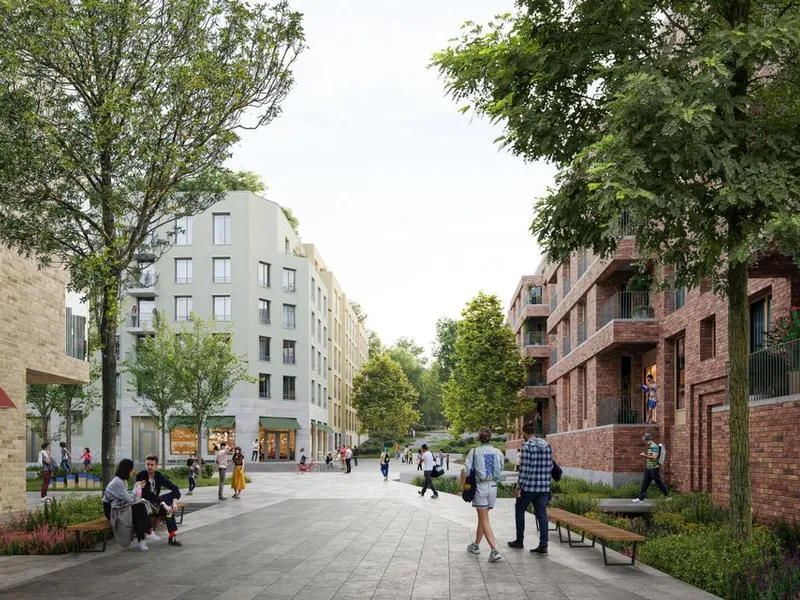 Nabolagsplassen: Bildet viser nabolagstorget rettet nordover mot Halvor Blinderns grav og universitetet. (Illustrasjon: LPO Arkitekter/KIMA Arkitektur)
