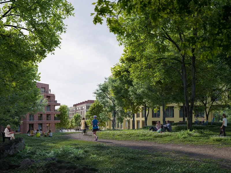 Illustrasjon av Halvor Blinderns grav og mulig ny passasje til Nabolagstorget, Fjernsynslunden, Store Studio og Marienlyst Torg fra Blindern.(Illustrasjon: LPO Arkitekter/KIMA Arkitektur)