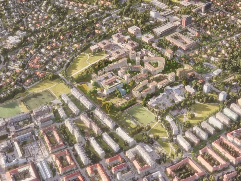 Marienlyst skal bli et byområde med særegen natur, rolige parker, et yrende folkeliv og et bredt tilbud av butikker, kafeer, restauranter og kulturopplevelser. Her er området sett fra Sørøst. (Illustrasjon: LPO Arkitekter/KIMA Arkitektur)