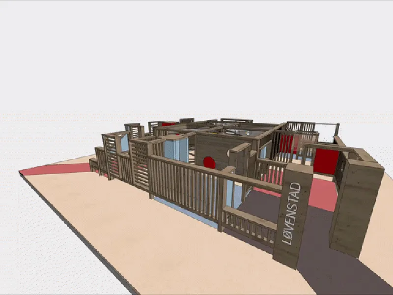 Animasjonen viser en 3D-modell av en MazeTag med ulike rom og døråpninger i mellom.