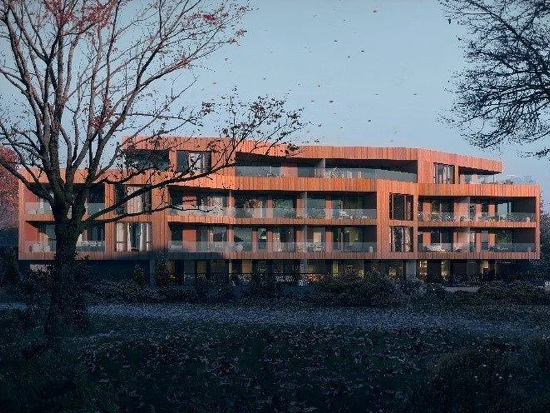 Illustrasjon av leilighetsbygg på fire etasjer,