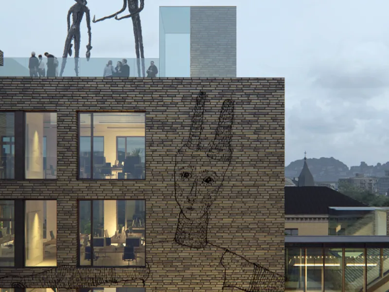 Moderne bygg med kunstneriske illustrasjoner på murveggen og kunst på taket. Illustrasjon. 