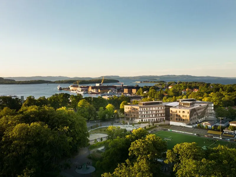 Oversiktsbilde av skole. Skog i forgrunn. Vann og havneområde i bakgrunn. Foto  