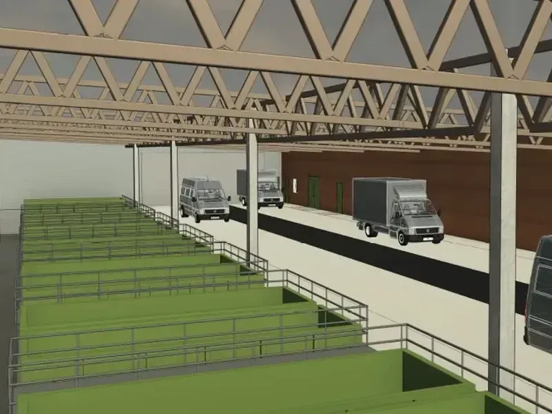 Miljøstasjonen har plass til 16 avfallscontainere under tak. Illustrasjon: Norconsult