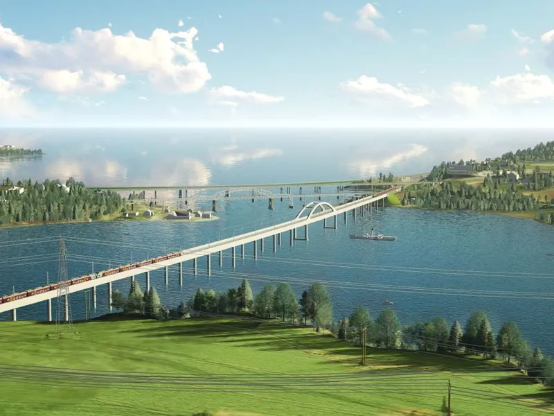 Kontrakten omfatter blant annet byggingen av Minnevika jernbanebru, som med sine 836 meter blir Norges lengste jernbanebru. Illustrasjon: Bane NOR