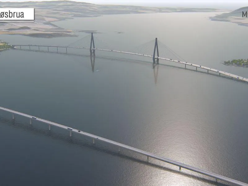 Eksisterende Mjøsbru med ny skråstagsbru i bakgrunnen. (Foto: Nye Veier/Multiconsult)