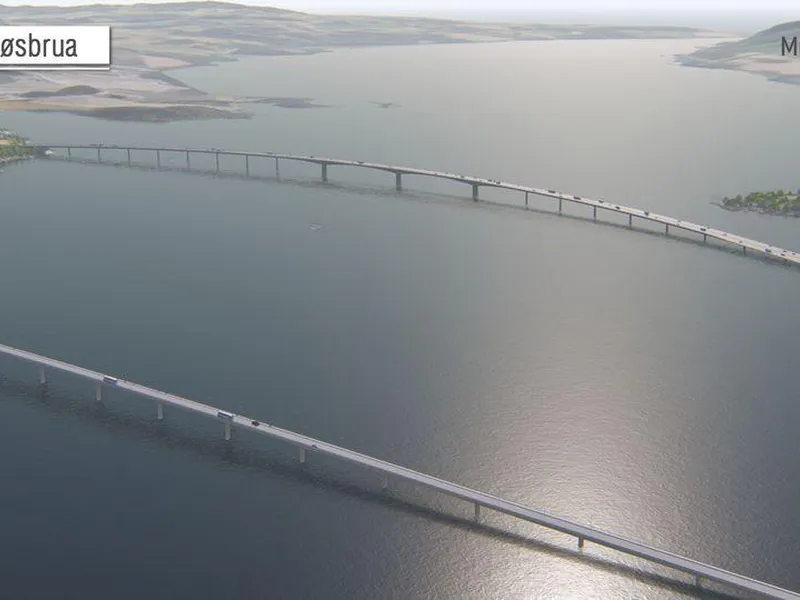 Eksisterende Mjøsbru med ny betongbru i bakgrunnen. (Foto: Nye Veier/Multiconsult)