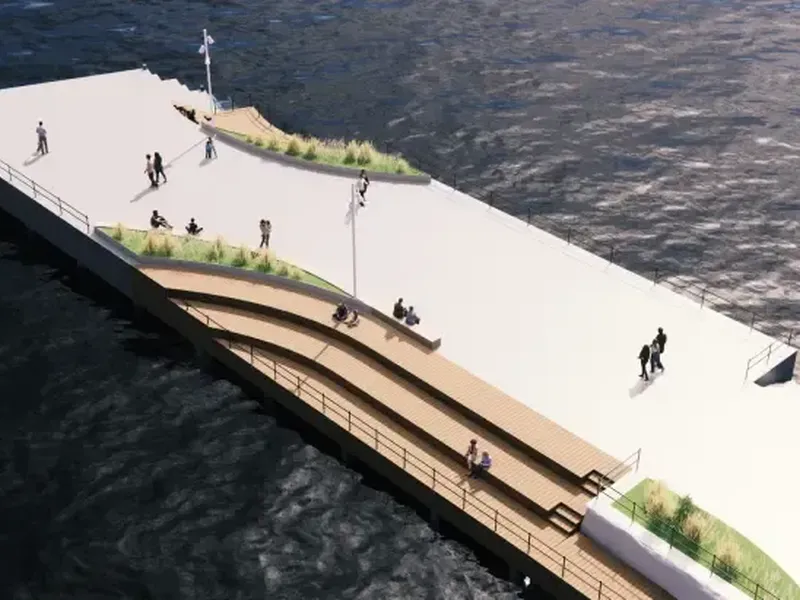 Skibladnerbrygga forlenges, og styrkes som byrom, med nedtrappinger mot vannet og sosiale møteplasser. Illustrasjon: C. F. Møller Architects