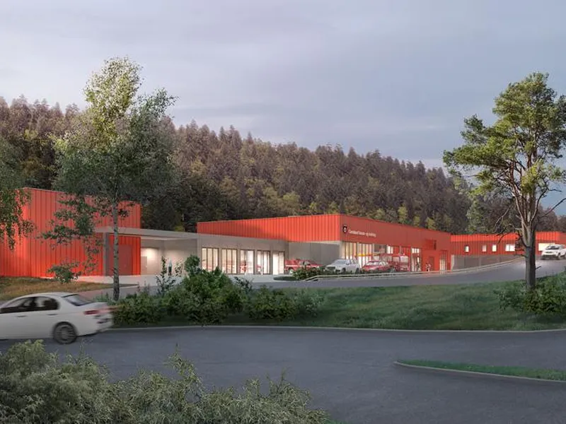 Bamble Brannstasjon med parkeringsplass i front 3d tegning