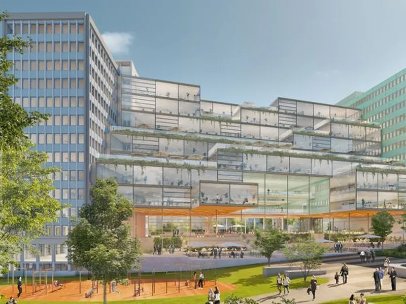 Slik kan det nye OBOS-kvartalet bli, her fra baksiden mot Kristparken. Illustrasjon: Kristin Jarmund Arkitekter/Archivisuals