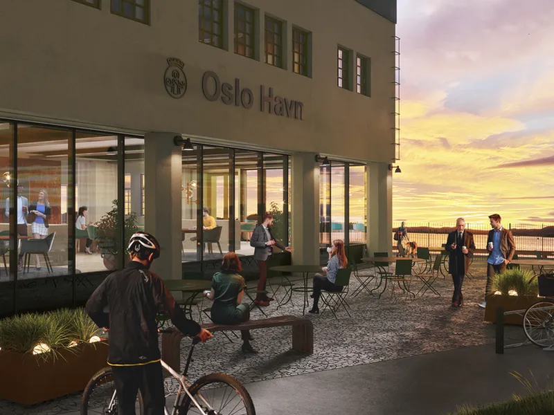 Kantine og kafè med utsikt. Bygget åpnes opp med store
glassfelter mot Gastenparken og sjøen.
Illustrasjon: IARK