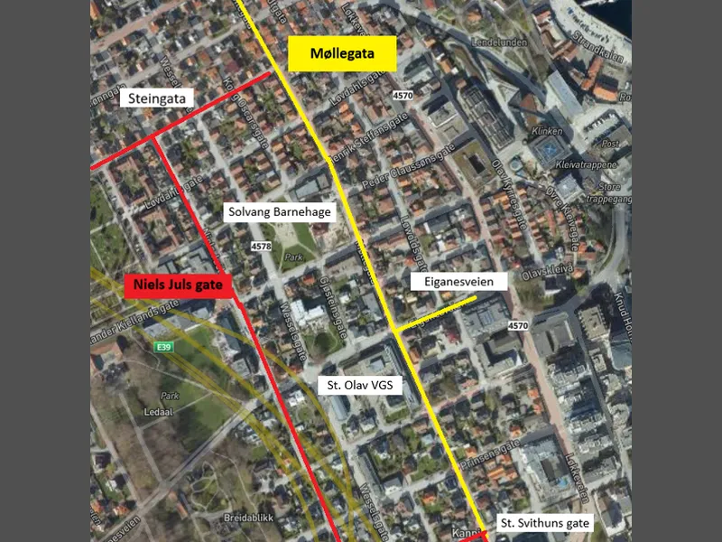 Kart som viser hvordan syklister kan sykle Niels Juels gate mens arbeid pågår i Møllegata