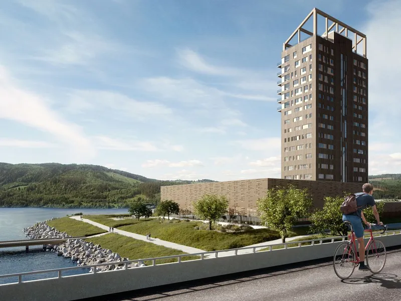 Ringsaker Takelementer skal levere bjelkelagselementer og veggelementer til Mjøstårnet, som blir verdens høyeste trehus. Illustrasjon: Voll Arkitekter