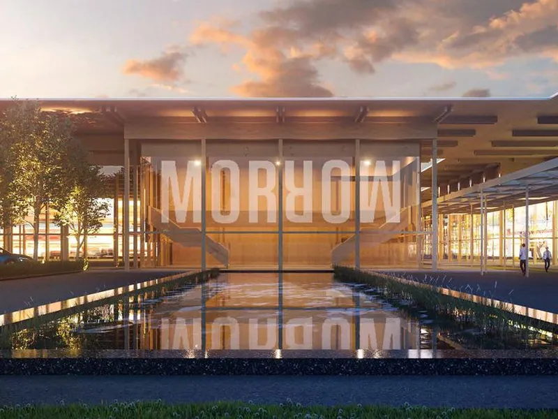 Morrow Batteries. Slik ble deler av den planlagte fabrikken fremstilt i prospektet fra Arendal kommune, som til slutt ble valgt som tomt for gigafabrikken. ILLUSTRASJON: RIFT/NSW Arkitektur