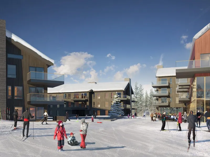 For utbygger har det vært viktig å skape en møteplass og et knutepunkt med ulike servicetilbud. Illustrasjon: LPO Arkitekter.