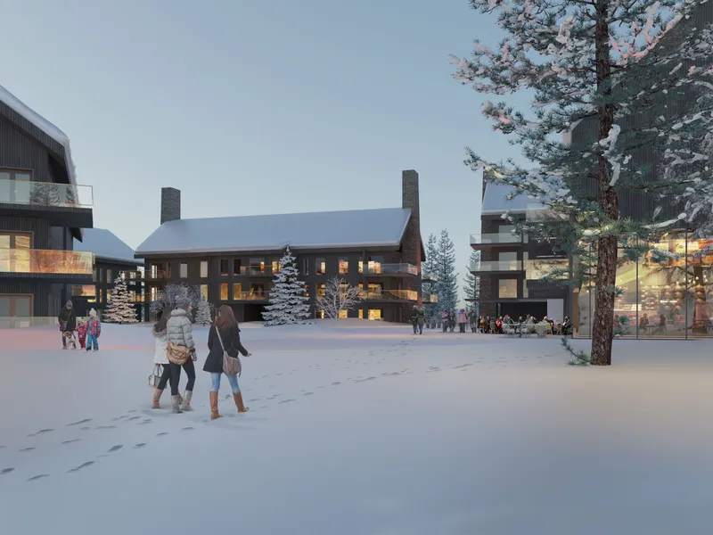 Bilde av fasade med mennesker som krysser park med snø 