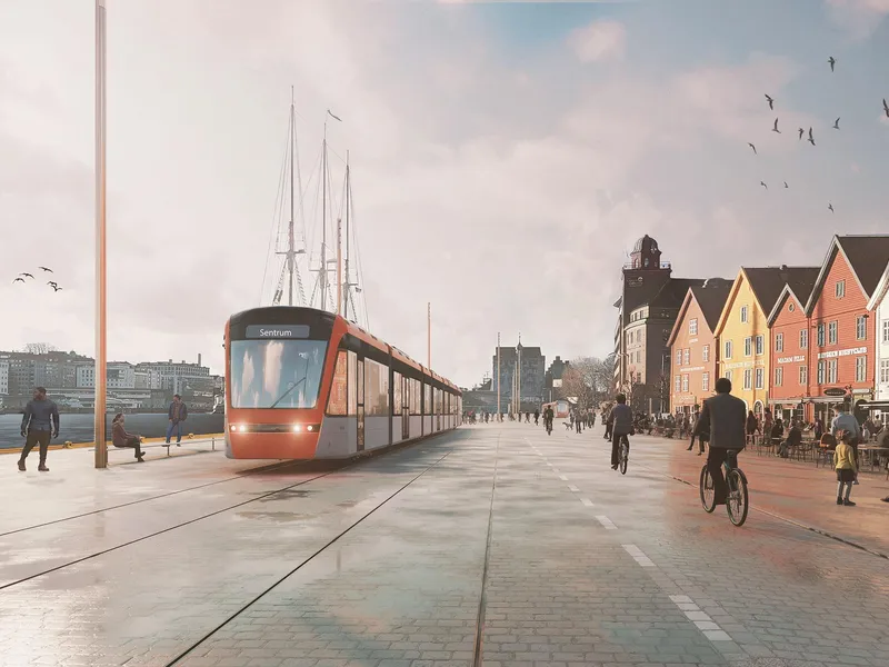 Bryggen i Bergen, sykkelvei og trikk.
