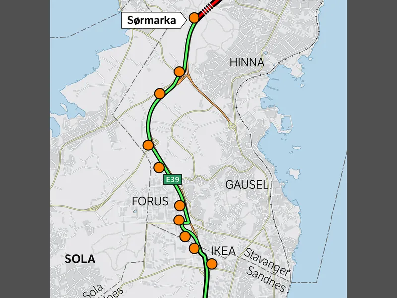 Kartet viser Sykkelstamvegen mellom Stavanger og Sandnes, samt alle påkoblingene langs den 13 km lange Sykkelstamvegen.