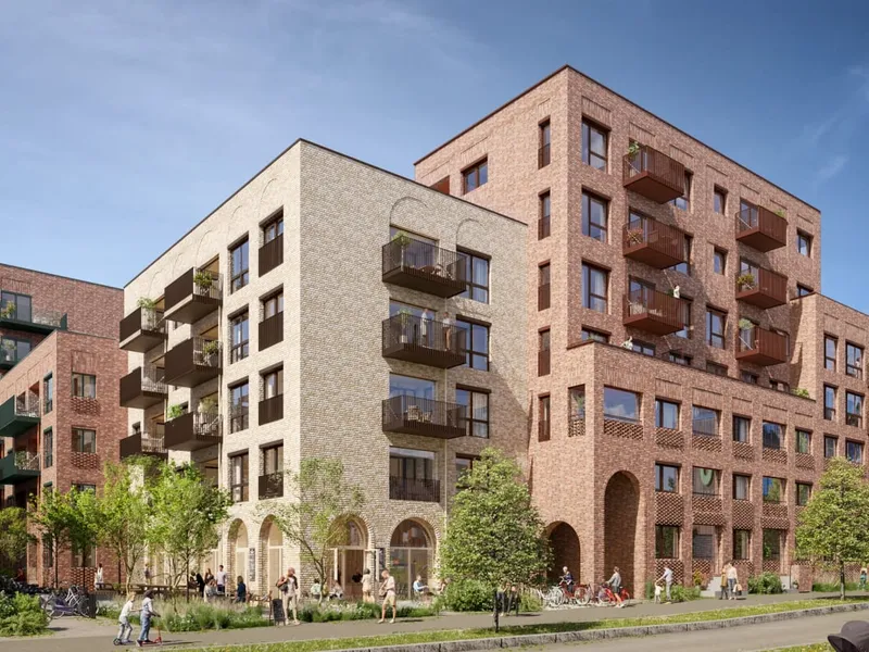 Illustrasjon av felleshjørnet i kvartal 4 på Nansenløkka på Fornebu.
