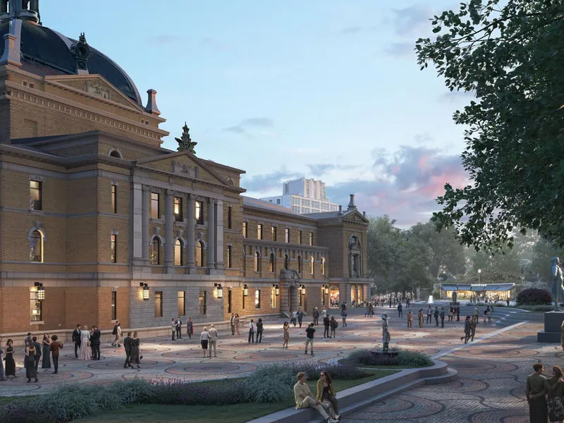 Slik ser forslagsstillerne for seg hvordan Nationaltheatret kan utvides og rehabiliteres med et tilbygg i samme stil som fra originalbyggets arkitekt Henrik Bull. Foto: LPO Arkitekter / Handout / NTB.