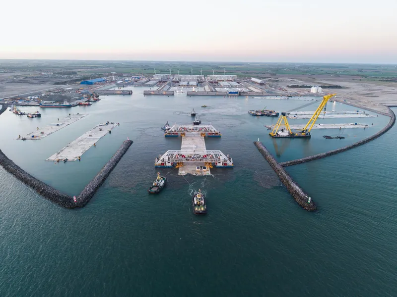 Det første tunnelelementet til Femern Bælt-tunnelen er på vei ned i nedsenkingsfeltet utenfor Rødbyhavn. Foto: Sund & Bælt Holding A/S.