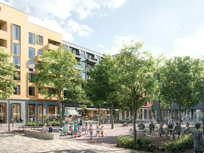 Slik ser planene ut for et av torgområdene som skal bygges på Fornebu. Salgsstart blir trolig i begynnelsen av 2026 og første spadetak tas rundt årsskiftet 2026/2027. Arkitekt Rodeo Arkitekter..