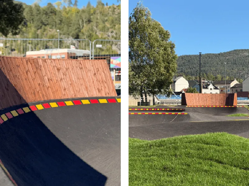 To bilder viser en pumptrack med ramper laget av tre og asfalt, klar for bruk under en blå himmel.