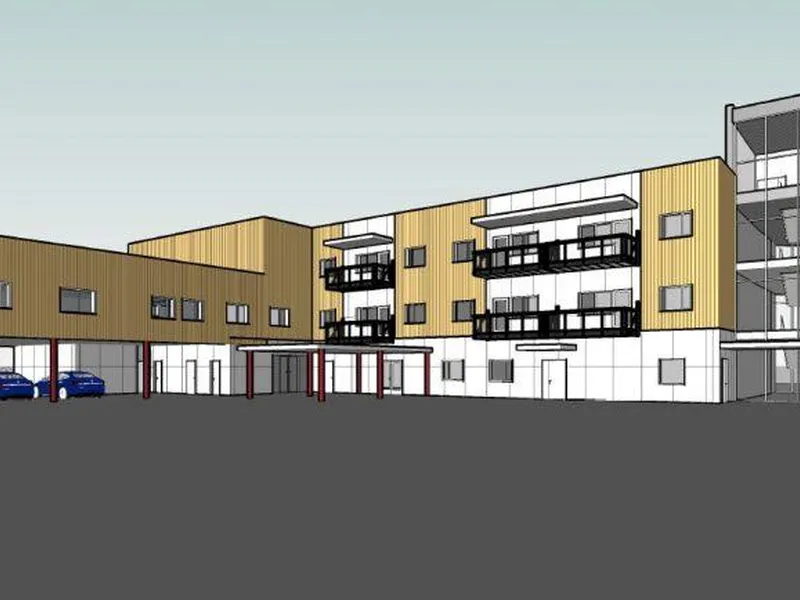 Nesset helsesenter Illustrasjon/modell av et bygg i tre etasjer med trefasade
