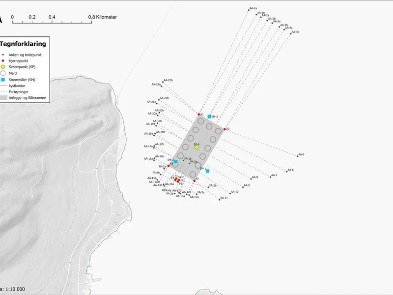 Kart til søknad om tillatelse til endring av areal og utforming av akvakulturanlegg - Klikk for stort bilete